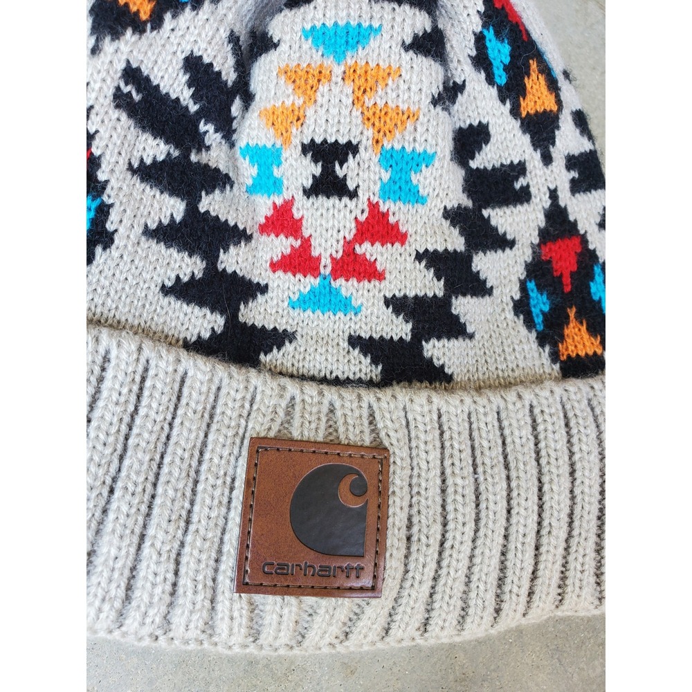 Carhartt Beanie Tan Aztec Knit Pom Pom Faux Fur Lined Winter‎ Hat One Size - Picture 2 of 6